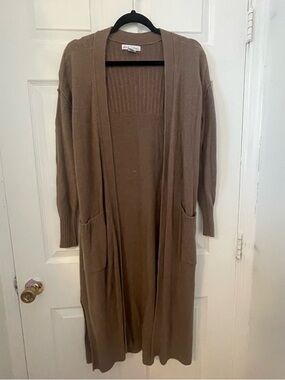 Long Open-Front Taupe Cardigan with Patch Pockets